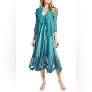 Komarov Blue Midi Sundress with Asymmetrical Hem and 3/4 Sleeves for Cocktail